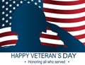 Soldier silhouette saluting the USA flag for memorial day. Happy veteran`s day poster or banners Ã¢â¬â On November 11.